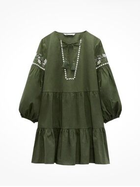 NWOT Zara 100% Cotton Olive Green Embroidered Beaded Tiered Dress sz S